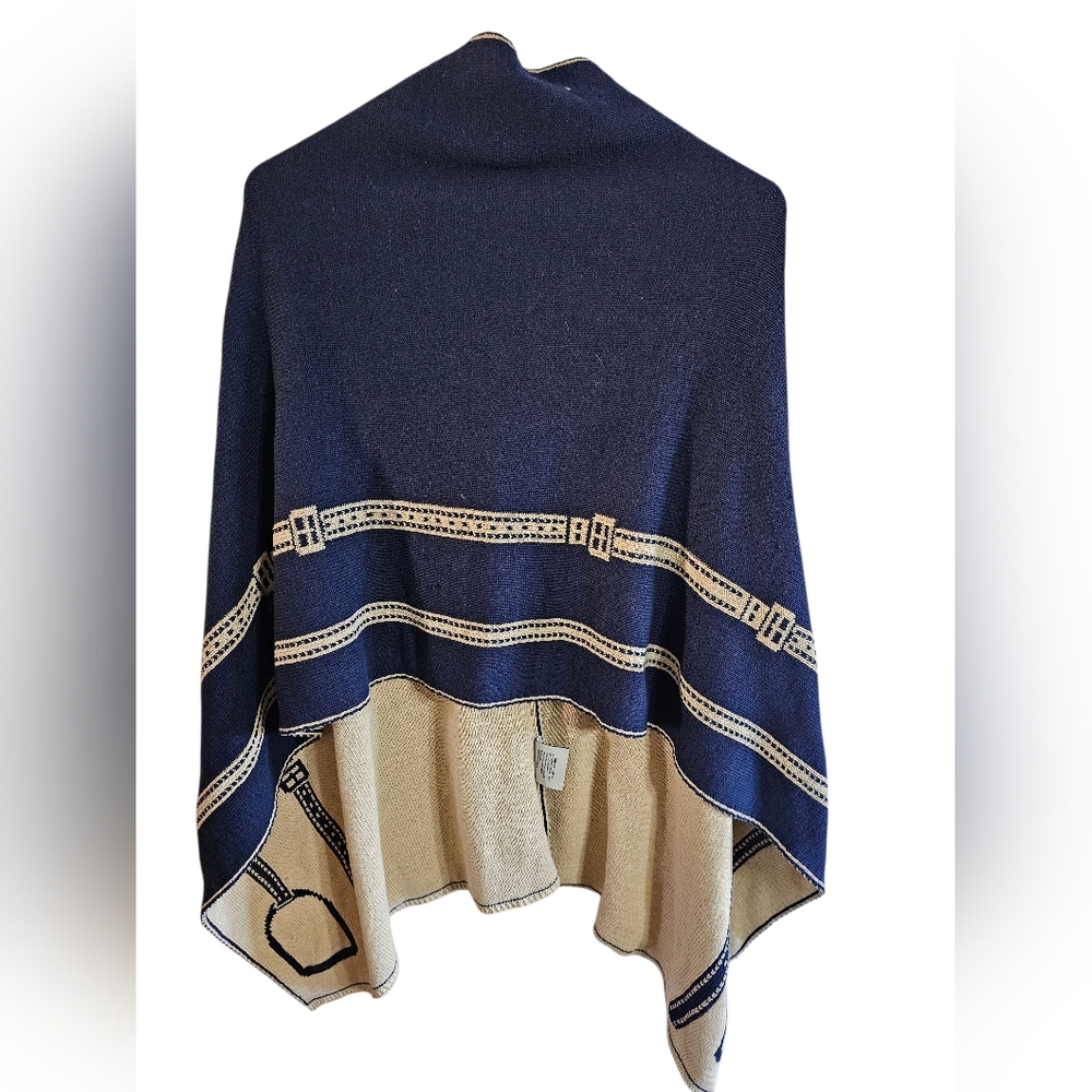 In2Green Womens Navy Tan Recycled Cotton Knit Poncho Belt Print Wrap Cape USA - Picture 3 of 8